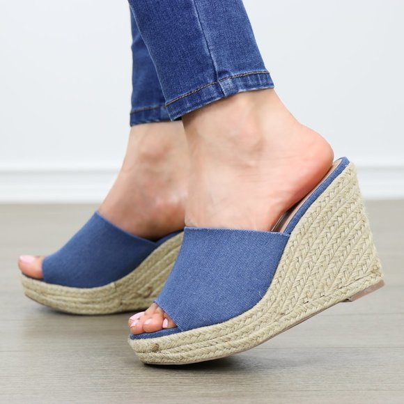 Blue Denim Slip On Espadrille Wedge Sandals - Picture 8 of 8